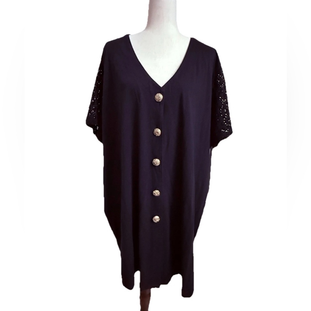Vintage Impatiens Black Beach Dress with Gold Button Crochet Sleeves Size 3x